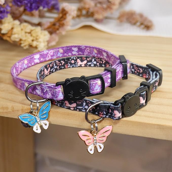 Cat Collar Breakaway, 2 Pack Cotton Cats Collars with Bells, Cute Butterfly Shaped for Girl Boy Kittens, Purple and Black