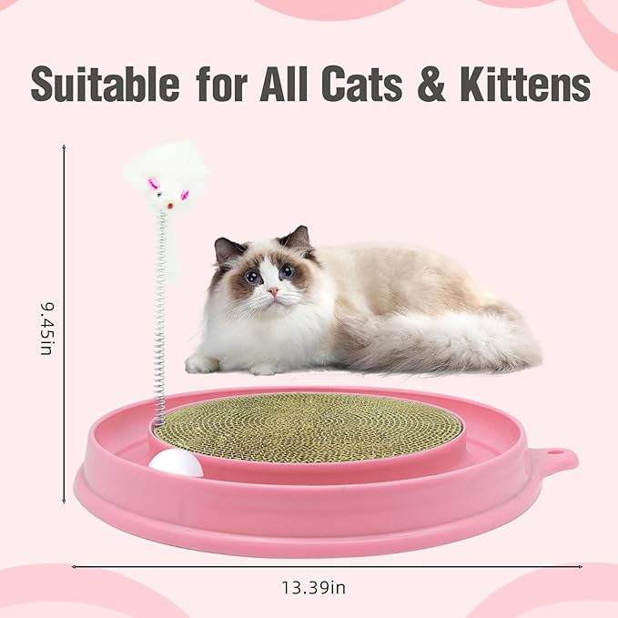 Interactive Cat Scratcher Toy, Round Plastic Scratching Pad with Ball Track & Mouse, Engaging Puzzle for Indoor Adult Cats and Kittens-Pink