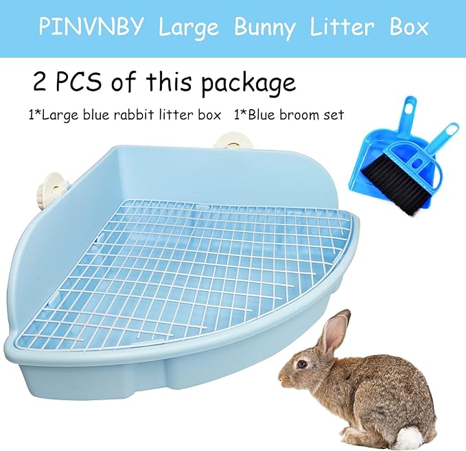 PINVNBY Extra Large Corner Litter Box for Rabbits, Guinea Pigs, Ferrets | 18.3" Fan-Shaped Potty Trainer with Anti-Spill Guard, Durable Plastic & Cage Clips | Easy-Clean Small Animal Toilet Pan (Blue)