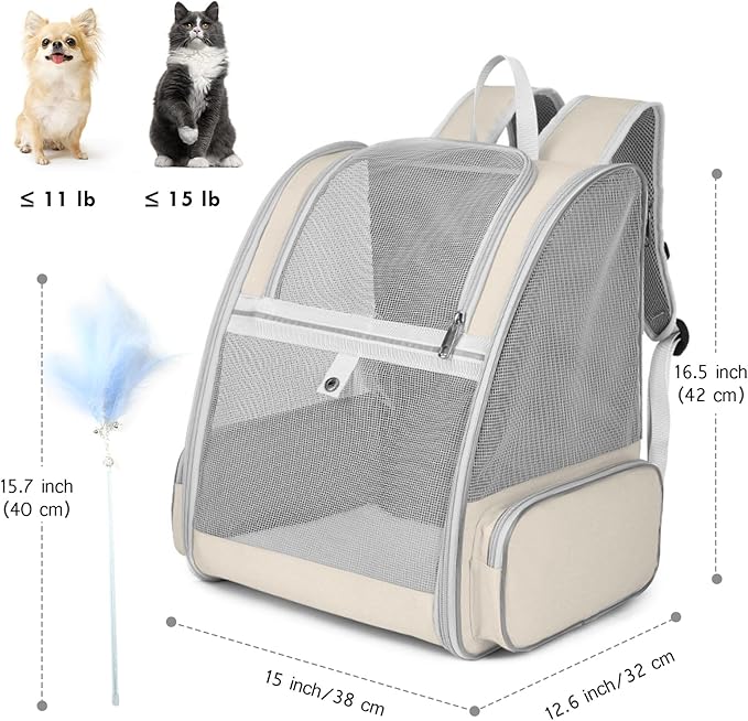 Cat Backpack Carrier, Large Pet Backpack with Kitten Wand Feather Toy for Medium Small Dog Cat Puppy Kitty Bunny up to 15lbs, Ventilated Mesh Dog Travel Carrier for Hiking Walking Outdoor Use (Beige)