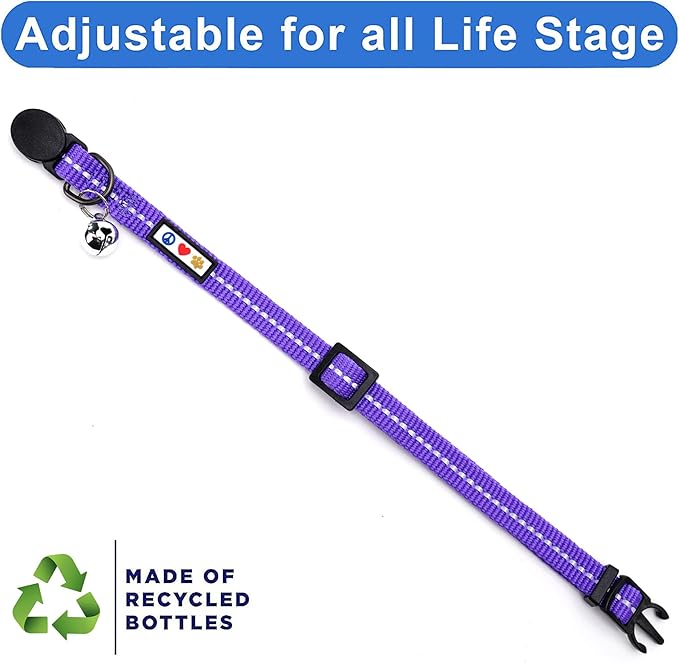 Pawtitas Recycled Cat Collar with Reflective Stitched and Safety Buckle Removable Bell Reflective Cat Breakaway Collar Made from Plastic Bottles - Purple Quartz Cat Collar.