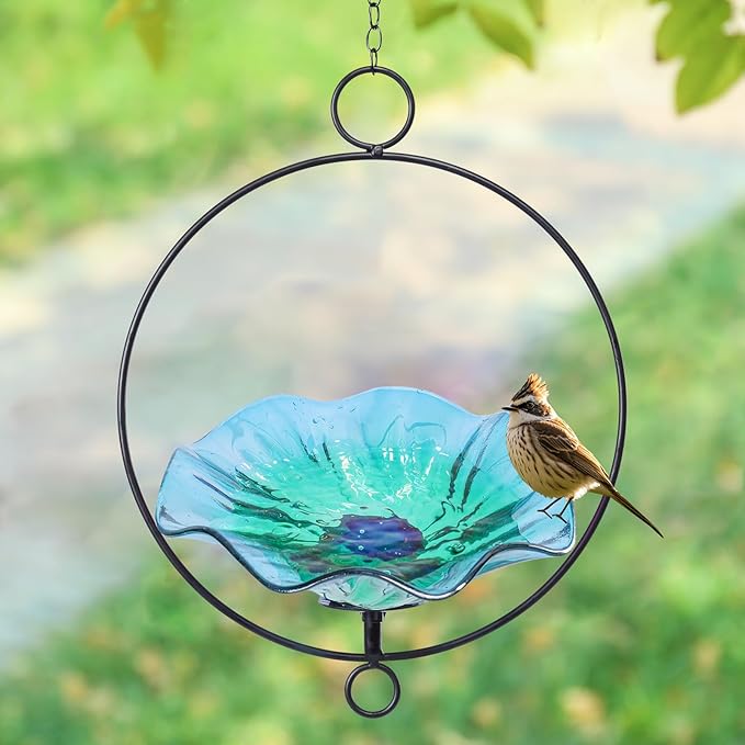 MUMTOP Hanging Bird Bath-Bird Baths for Outdoors - Flower Glass Bird Water Bowl with Hanging Circle, Bird Feeders for Outside, Garden, Lawn Yard Decor(Cyan)