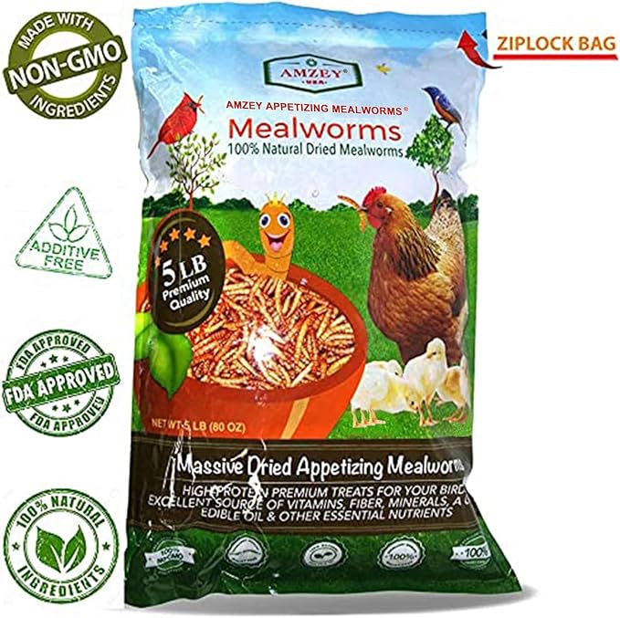 Amzey Appetizing Mealworms 5 LBS- 100% Non-GMO Dried Mealworms - Large Meal Worms - High Protein Treats- Perfect Mealworm for Chickens, Ducks, Turtles, Blue Birds, Lizards - Bag of Mealworms 5 LBS