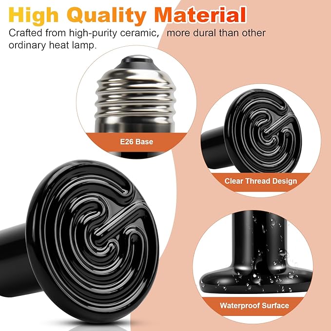MIXJOY 100W Reptile Heat Lamp 2Pack Ceramic Heat Emitters Reptile Heat Lamp Bulbs, No Light Emitting Ceramic Heat Bulbs for Amphibian Terrarium Reptile Gecko Lizard Bearded Dragon Turtle Chicken Snake