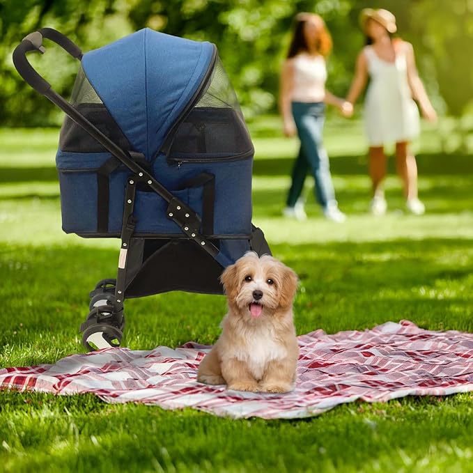 Critter Sitters Pet Stroller with Storage Basket, Single Carriage Carrier for Animals up to 33 lbs., 4-Wheel, Travel and Transportation for Cats, Small Dogs, Blue