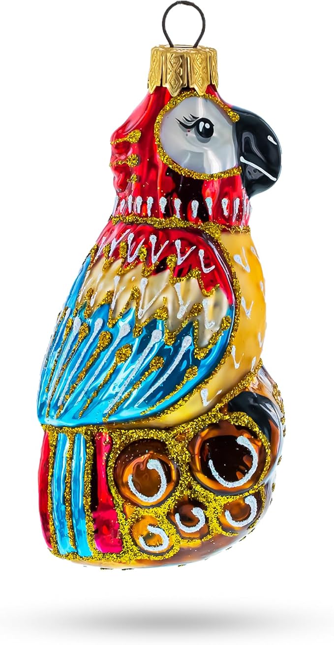 Colorful Parrot on a Branch Glass Christmas Ornament