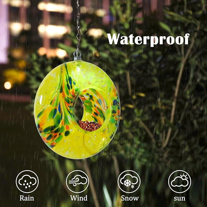 VCUTEKA Bird Feeder Solar Fly Through Bird Feeders for Outside Hanging with Round Shape Glass Container to Attract Wild Birds for Garden Decor, Yellow 8"