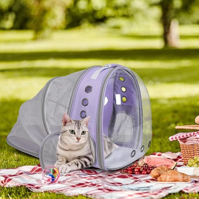 Cat Backpack Carrier Bubble Expandable Foldable Breathable Pet Carrier Dog Carrier Backpack for Large Big Cats Hiking, Travelling, Camping (Back Expandable-Purple)