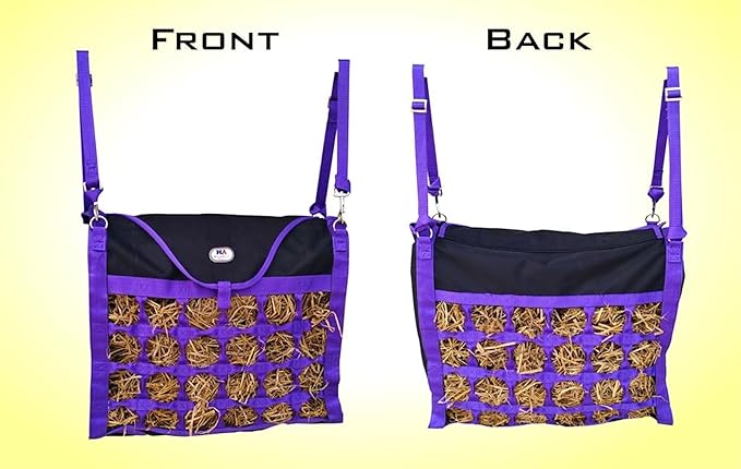 Majestic Ally Animal Health Hay Bag for Horses, 2.5" Holes, Top Load, Travel Feeder, Reduces Waste, 1 Year Warranty, Multiple Colors (Purple-Black)