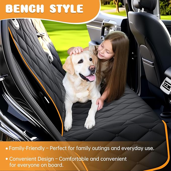 Dog Car Seat Cover for Back Seat 100% Waterproof, Long-Lasting and Soft Nonslip Backseat Dog Cover for Cars, SUVs and Trucks (Black-Orange, Standard (54" W x 59" L))