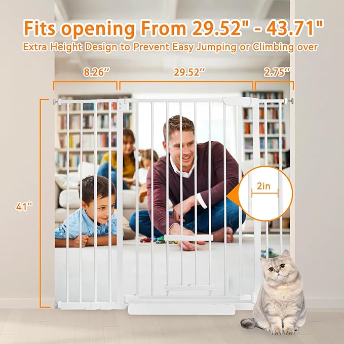 41 Inch Tall Baby Gate with Small Cat Door, Adjustable Auto Close Dog Gate Easy Walk Thru Pet Door for Stairs, Doorway, House (White, 29.52"-43.71")