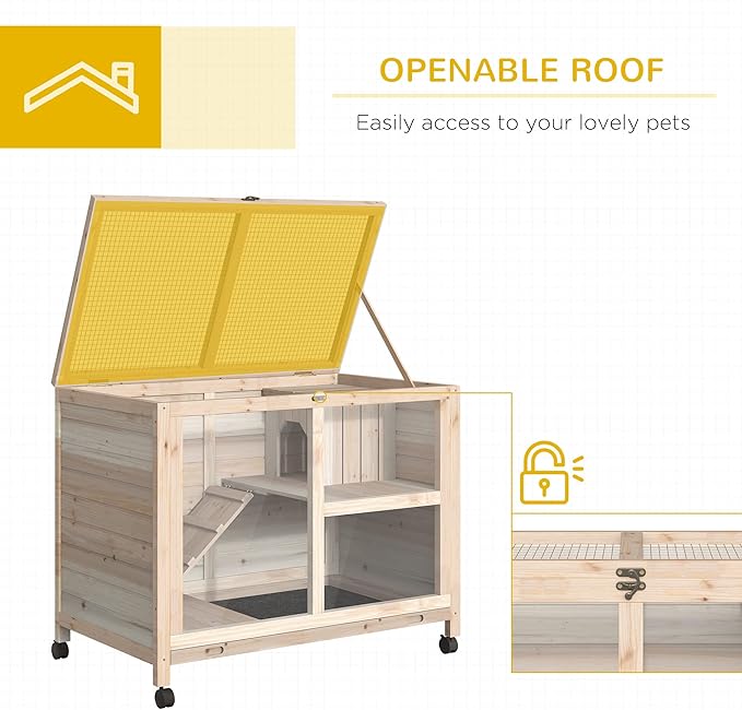 PawHut Rabbit Hutch with Wheels, Desk and Side Table Sized, Wooden Rabbit Cage, Waterproof Small Bunny Cage with Removable Tray, Openable Roof, for Indoor & Outdoor, Natural