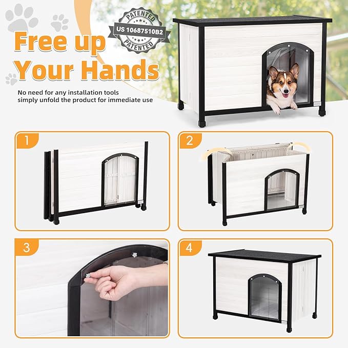 Petsfit 40.2" Dog House Outdoor, Unfold to Use, Folding Dog House Outdoor, No Tools Required Assembly, Outside Dog House with Durable Asphalt Roof (Medium, White)