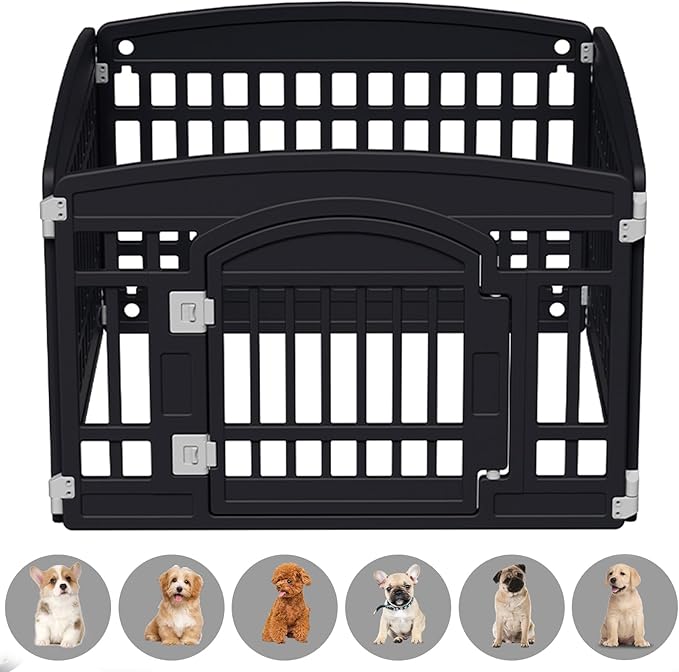 Pet Playpen Foldable Gate for Dogs Heavy Plastic Puppy Exercise Pen Small Pets Fence Puppies Folding Cage 4 Panels for Puppies and Small Dogs House Black (33.5x33.5 Inches)