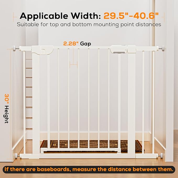 29.5-40.6" Baby Gate for Stairs, Pressure Mounted Dog Gate Indoor, Auto Close Pet Gate for Doorways No Drilling, Easy Install Baby Essentials with Large Walk Thru Door, White 2 Pack
