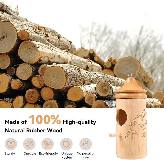 Hummingbird House, Solid Wood Hummingbird Houses for Outside-Exquisitely Handcrafted Birdhouse with Ribbon and String Hanging Kit, Durable Garden Decor, Perfect Gardening Gift(Style-G, 1 Pack)