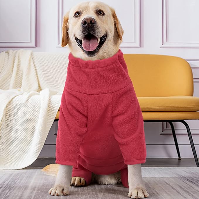 ROZKITCH Dog Winter Coat Soft Fleece Pullover Pajamas, Pet Windproof Warm Cold Weather Jacket Vest Cozy Jumpsuit Apparel Outfit Clothes for Small Medium Large Dog Walking Hiking Sleep Red L