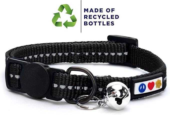 Pawtitas Recycled Cat Collar with Reflective Stitched and Safety Buckle Removable Bell Reflective Cat Breakaway Collar Made from Plastic Bottles - Black Sea Cat Collar.