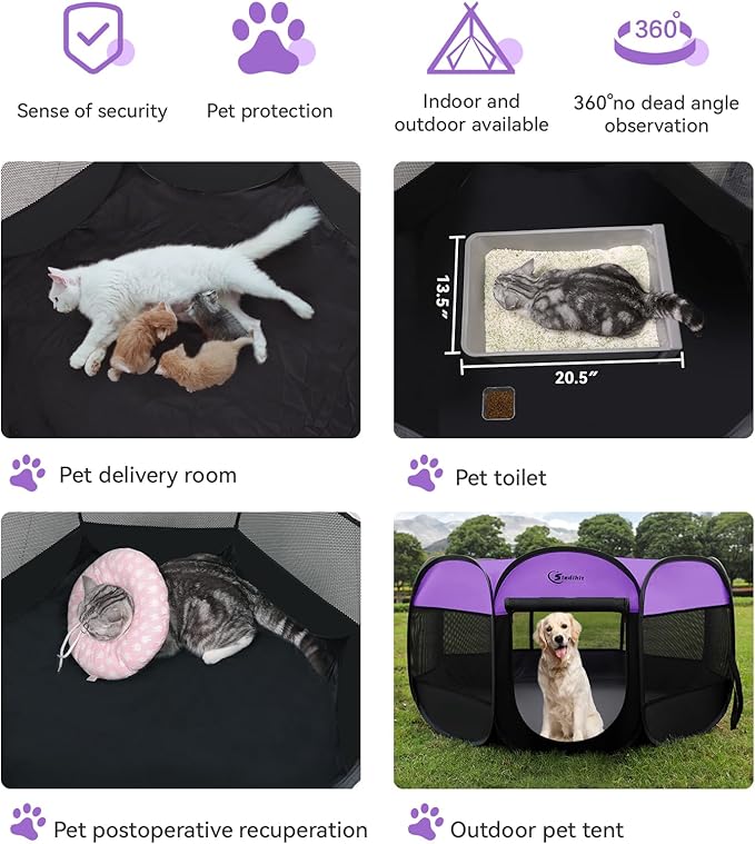 Large Dog Playpen, Puppy Pet Playpen Indoor, Dogs Tent Crates Cage Indoor/Outdoor, Portable Pop Up Dog Kennel Playpen with Carrying Case for Dogs/Cats/Rabbits, Removable Zipper Top, Purple