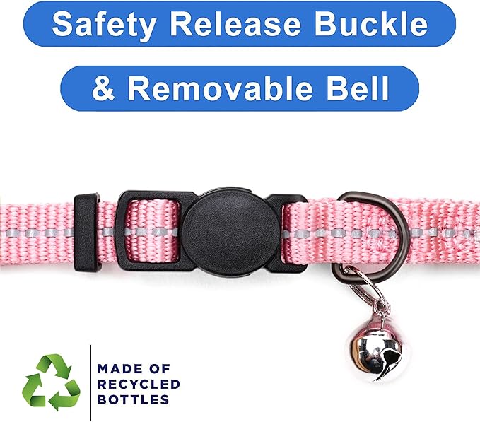 Pawtitas Recycled Cat Collar with Reflective Stitched and Safety Buckle Removable Bell Reflective Cat Breakaway Collar Made from Plastic Bottles Pink Cherry Blossom Cat Collar