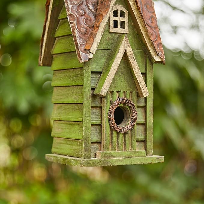 Glitzhome Bird Houses for Outdoors, Hand Painted Distressed Wooden Bird House Hanging Garden Birdhouse for Outside, Decorative Birdhouses for Bluebird Hummingbird Wren Finch Cardinals Cedar 12" H