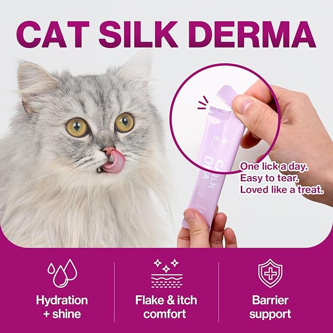 Dr.by Cat Silk Derma Lickable Feline Skin and Coat Supplement - Dandruff Treatment & Itchy Skin Relief Allergy Support for a Glossy Coat Immune Boosting Formula - 30 Individual Treat Tubes