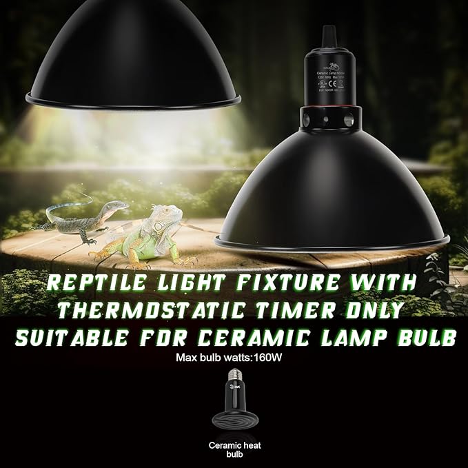 Reptile Light Fixture with Thermostatic Timer, 8.5 Inch Deep Dome Lamp Cap Reptile Heat Lamp Fixture with Separate Switches, Terrariums Light Fixture for Ceramic Heating Lamp Bulb
