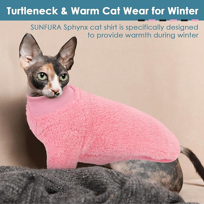 SUNFURA Sphynx Cat Sweater, Hairless Cats Turtleneck Pullover Kitten Sweaters for Cats Only, Warm and Soft Cat Pajamas Shirt with Sleeves Pet Winter Clothes Fleece Jumpsuit for Puppy, Pink L