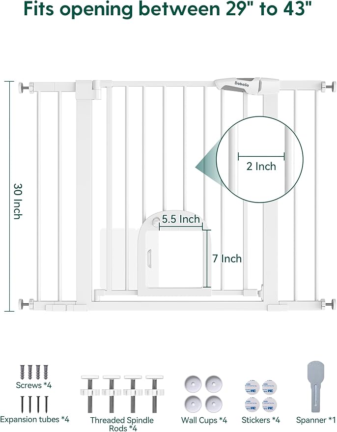 Babelio Baby Gate with Adjustable Cat Door,29-43" Auto Close Durable Pet door for Stairs,Doorways and House,Pressure Mounted,Easy Install,Effortless Walk Thru,White