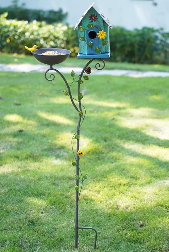 52" H Metal Bird Bath, Bird House for Outdoors, Birdbath Bowl and Birdhouses with Pole for Outside Garden Yard Decoration Bird Feeder Seed Tray