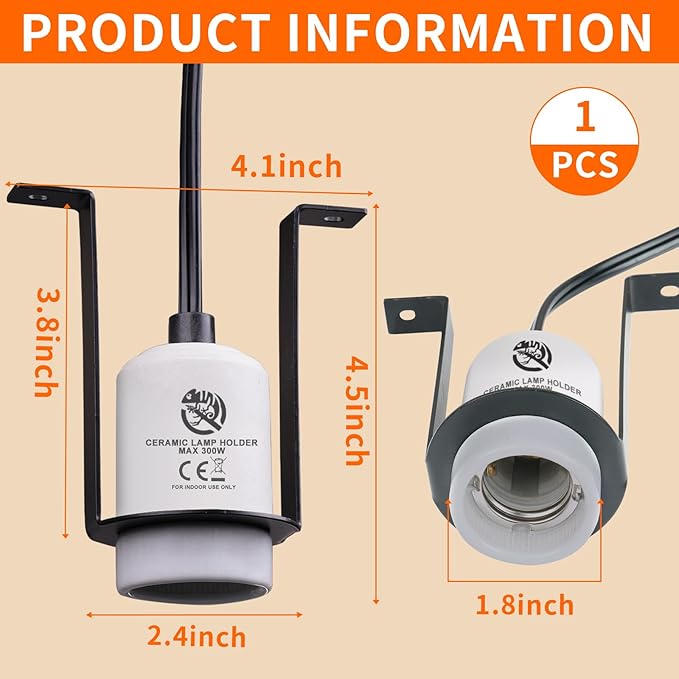 Reptile Ceramic Heat Lamp Holder Heat Light Heater for Terrariums and Vivariums, Lizard Heat Lamp Bracket Light Fixture (Cord 150cm, Max 300W)