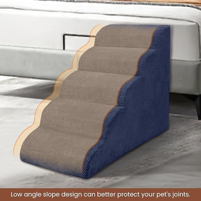 5 Steps Dog Stairs for Bed, 24" Dog Steps for High Bed, High Density Pet Steps for Small Dogs, Extra Wide Non-Slip Dogs Ramp for Injured, Older Pets, Small Cats, Navy