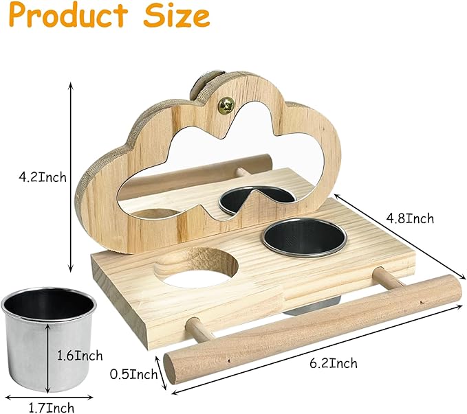Tfwadmx Bird Parrot Wooden Feeding Cups, Small Bird Feeding Dish Cups Stainless Steel Birds Bowls Food Water Bowls with Food Holder for Cockatiel Parakeet Macaw Finches Lovebirds