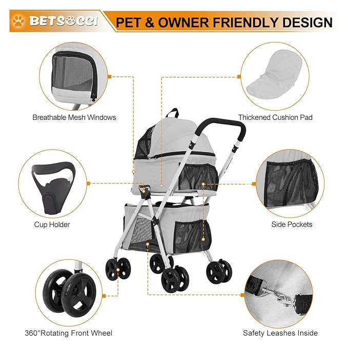 Double Dog Stroller with 2 Detachable Carrier, Portable Pet Stroller for Small Dogs & Cats Folding Lightweight Puppy Travel Carriage, 4 Wheels, Grey