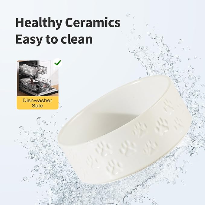 Elevated Ceramic Dog Bowls 2 Pack, 8.3 inch Raised Dog Bowl for Large Sized Dogs, 10" Wide x 11" Tall with Non-Slip Bamboo Stand, Dishwasher Safe (Double Bowls + Double Stands - White, 8 inch)