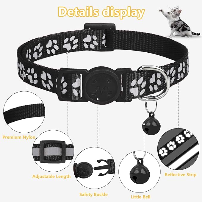 Taglory Reflective Cat Collar Breakaway with Bells, 2 Pack Girl Boy Pet Cat Collar Adjustable 7.5-12.5 Inch, Black