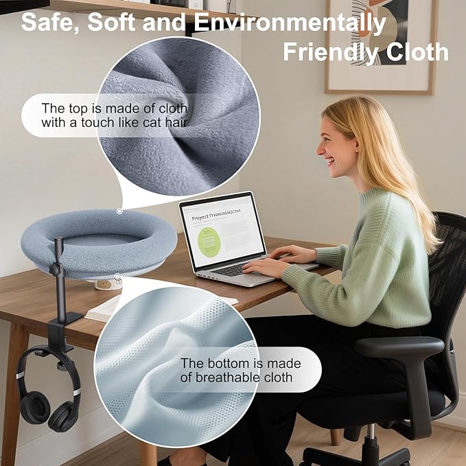 Cat Desk Bed, 360-Degree Rotating Hammock Perch, Cat Bed with Height Adjustable, Machine Washable, Gray