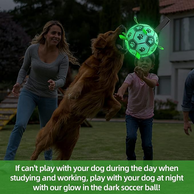 QDAN Glow in The Dark Dog Toys Soccer Ball with Straps, Outdoor Interactive Dog Toys Puppy Birthday Gifts, Dog Tug Water Toy, Light Up Dog Balls for Small & Medium Dogs๏ผ6 Inch Size 2๏ผ