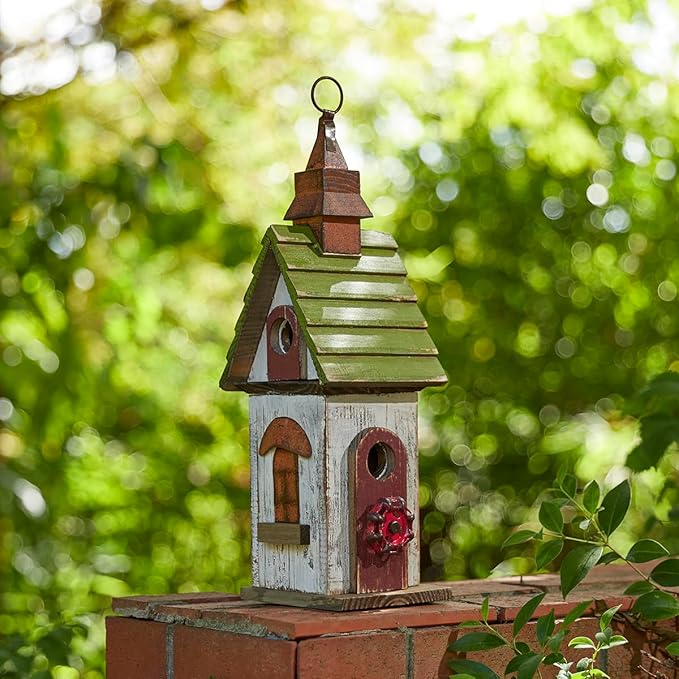 Glitzhome Bird Houses for Outside, Bluebird Houses for Outdoors,15.75"H Solid Wood Birdhouse Distressed Cottage Decorative Hanging Outdoor Garden Bird House for Wren Sparrow Hummingbird Finch Cardinal