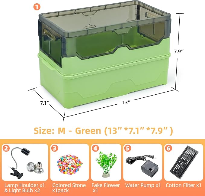 Turtle Habitat Tank Kit– Fresh Filtration, Waterplay Fun, Diverse Living, Heat Lamp, Water Pump and Convenient Water Changes in Tanks Habitat Kits Turtle cage (Green, Medium)