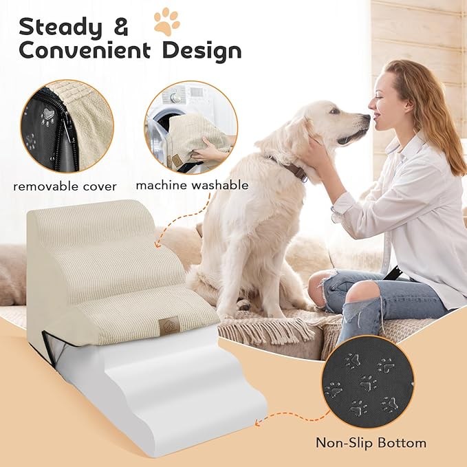 Mestuel 23in High Dogs Stairs, Foam Large Dogs Stairs for High Bed, Dog Stairs for Large Dogs, 5 Steps Dog Ramp to High Couch Sofa Bed Indoor with Gentle Slope& Nonslip Bottom, Lint Roller Set, Beige