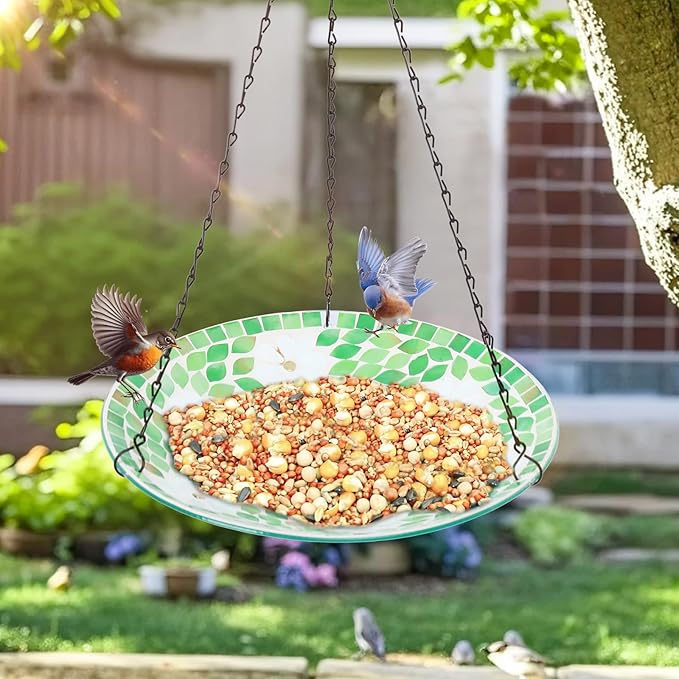 MUMTOP Mosaic Hanging Bird Bath-Bird Baths for Outdoors - 12 Inch Glass Birdbath Bird Water Bowl Bird Feeders for Outside, Garden, Lawn Yard Decor(Flower & Leaf)