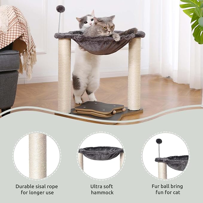 Simple Deluxe Small Cat Tree Tower with Scratching Post, 4-in -1Cat Tree with Hammock,Dangling Ball,Natural Sisal Cat Scratcher,Wooden Interactive Track Ball Base for Indoor Kittens,18inches