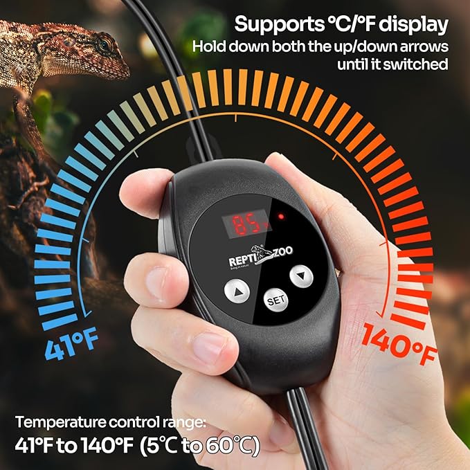 REPTI ZOO Reptile Light Fixture Dimming Thermostat Combo Pack, 5.5 Inch Deep Dome Lamp Fixture Max 100W, PID Reptile Thermostat Temperature Controller for Reptile Heat Lamp Bulb