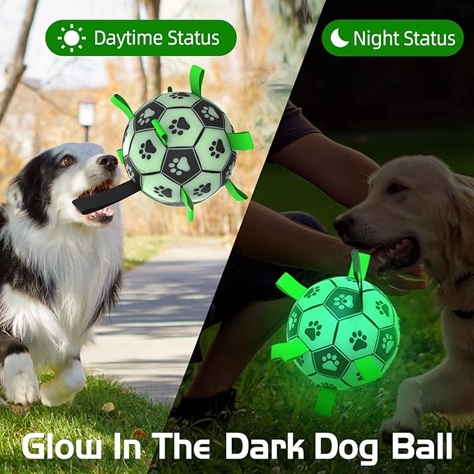 QDAN Glow in The Dark Dog Toys Soccer Ball with Straps, Outdoor Interactive Dog Toys Puppy Birthday Gifts, Dog Tug Water Toy, Light Up Dog Balls for Small & Medium Dogs๏ผ6 Inch Size 2๏ผ