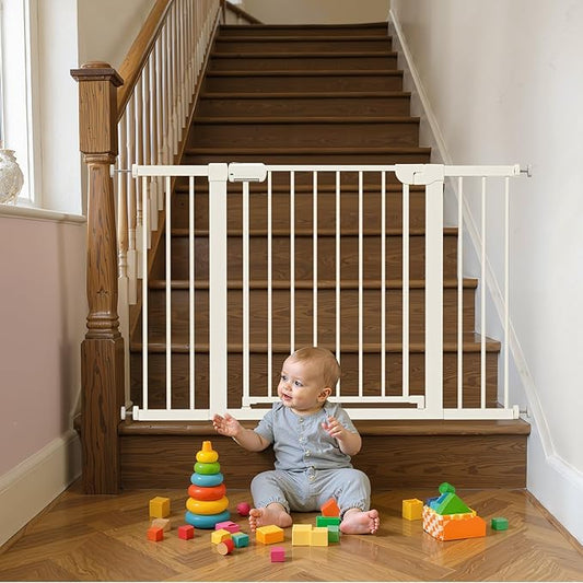 29.5-46" Baby Gate for Stairs, Pressure Mounted Dog Gate Indoor, Auto Close Pet Gate for Doorways No Drilling, Easy Install Baby Essentials with Large Walk Thru Door, White