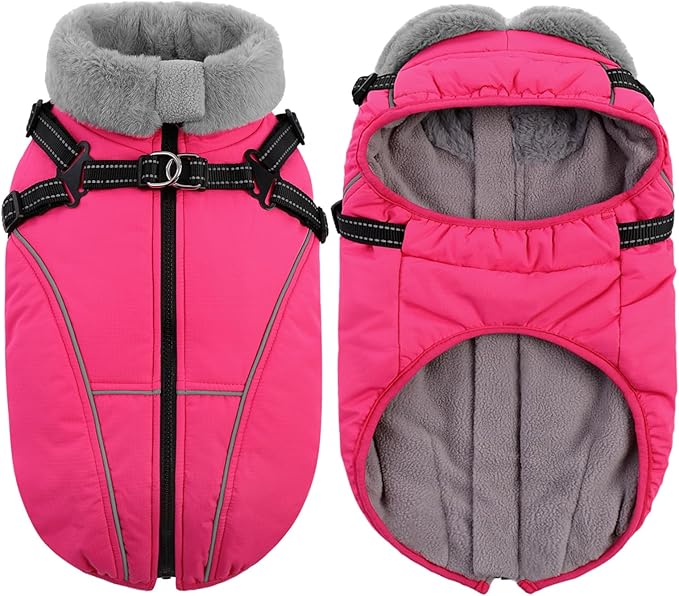Queenmore Dog Winter Coat for Large Breeds, Warm Fleece Dogs Jacket with Zipper, Reflective & Waterproof Dog Jacket with Harness Built in,Windproof Pet Sweater for French Bulldog,Beagle,Rose Red,L