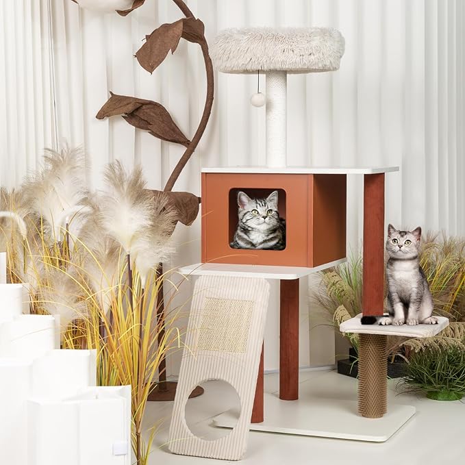 50in Modern Cat Tree with Sturdy Wood Frame - Multi-Level Indoor Activity Center with Sisal Scratching Posts, Plush Top Perch, Enclosed Condo & Hanging Toy