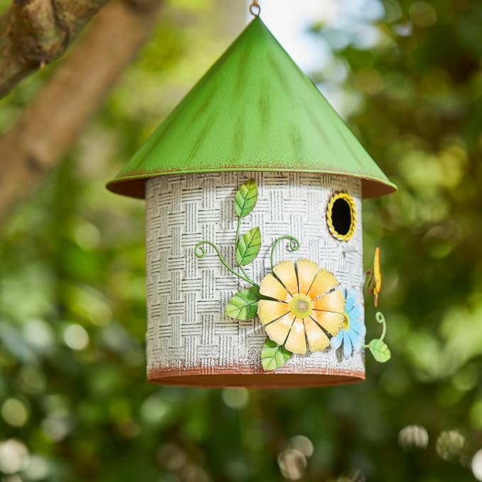 Glitzhome Bird Houses for Outdoors, Blue Bird House for Outside, 11" H Stylish Distressed Metal Cottage Decorative Birdhouse with a Cluster of 3D Flowers and Butterfly for Garden Patio Backyard