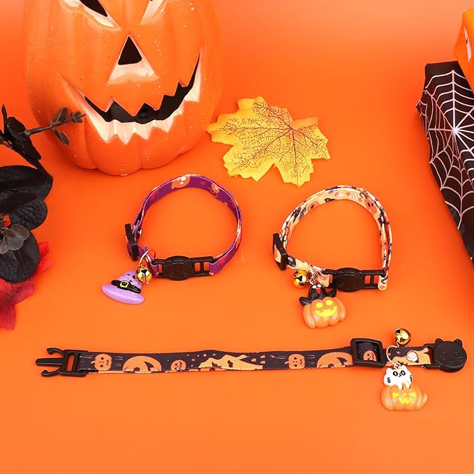 3pcs Halloween Cat Collars with Bells, Polyester Adjustable Breakaway Festive Kitten Puppy Fall Collars Playful Holiday Accessories for Small Dog Kitty Pets (Witch Hat, Pumpkin Cat, Ghost Pattern)